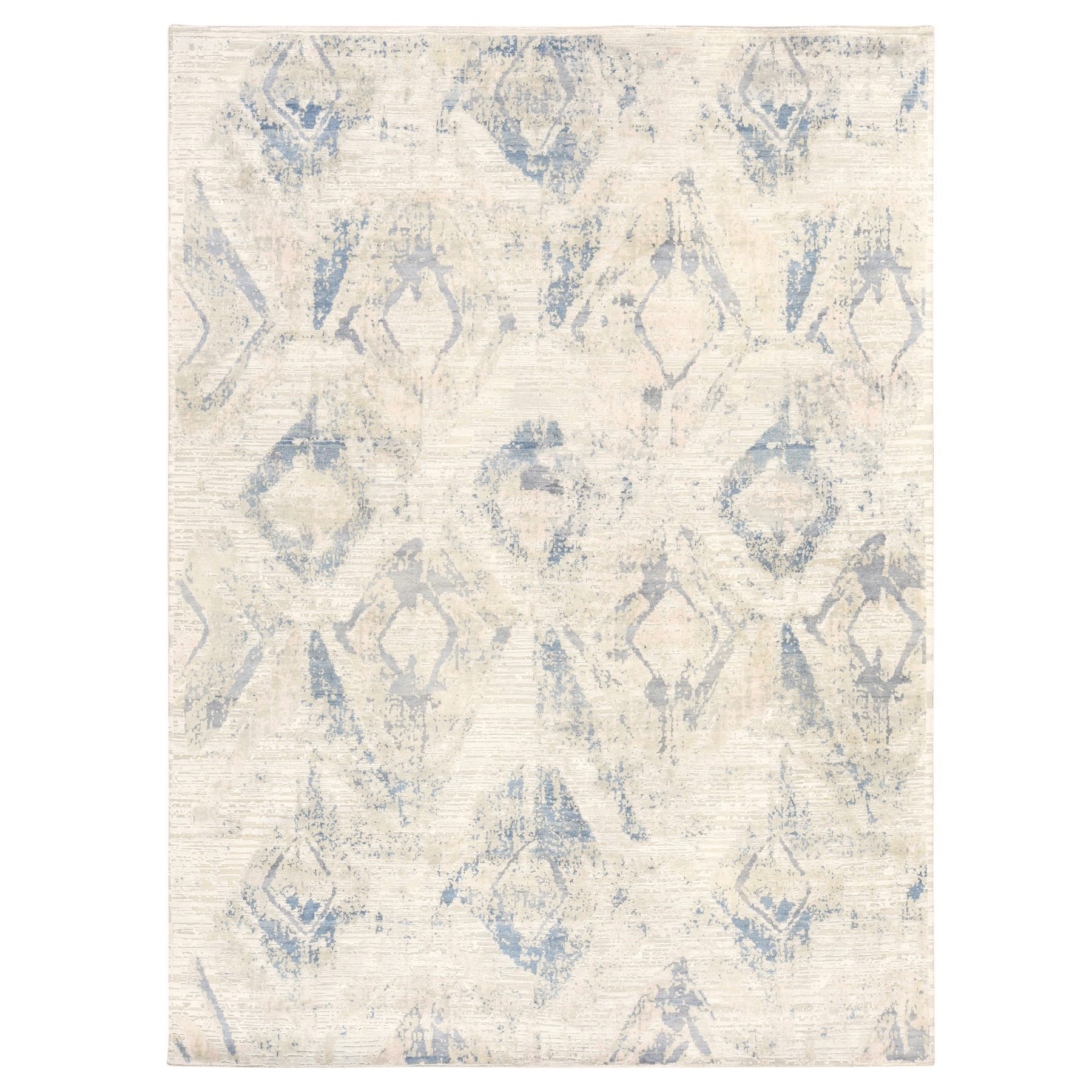 8'10"x12'1" Chiffon White with Pastel Colors, Modern Design, Large Elements Pattern, Hand Knotted, Silk with Textured Wool, Oriental Rug 